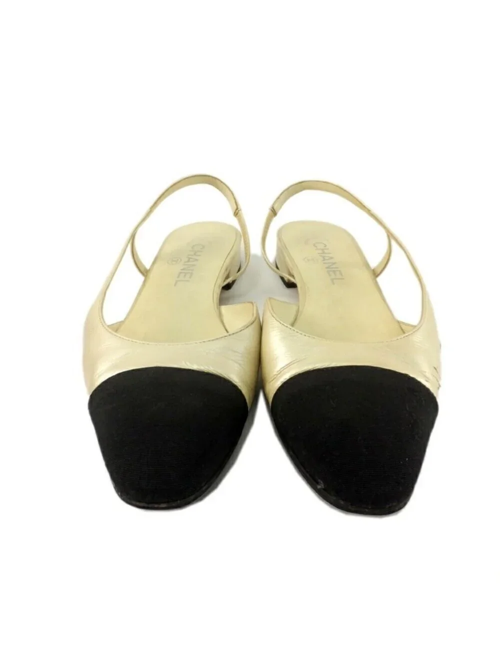 Chanel Ten Slingback Pumps Bicolor White Equivalent CC Logo Shoes 38.5
